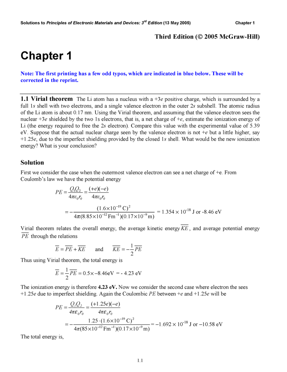 전자재료물성 및 소자공학(문제와 풀이) - 물리전자 솔루션 - Third Edition (  2005 Mcgraw-Hill)  Chapter 1 Note: The First - Studocu