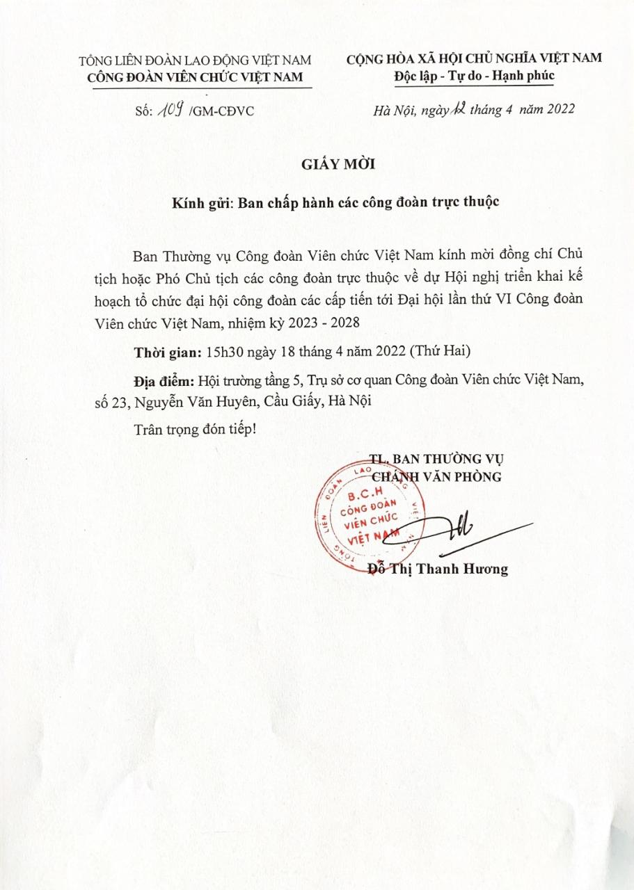 Giấy Mời Dự Hội Nghị Triển Khai Kế Hoạch Tổ Chức Đại Hội Công Đoàn Các Cấp  Tiến Tới Đại Hội Lần Thứ Vi Công Đoàn Viên Chức Việt Nam