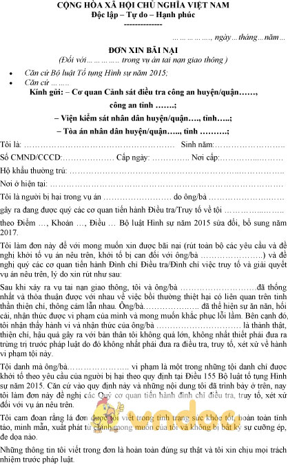 Mẫu đơn xin bãi nại tai nạn giao thông - thongtinaz.net Mẫu Đơn Xin Bãi Nại Tai Nạn Giao Thông - Thongtinaz.Net